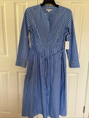 Free Assembly Blue and White Striped Midi Dress  With Tie Waist - NWT- L(12-14)